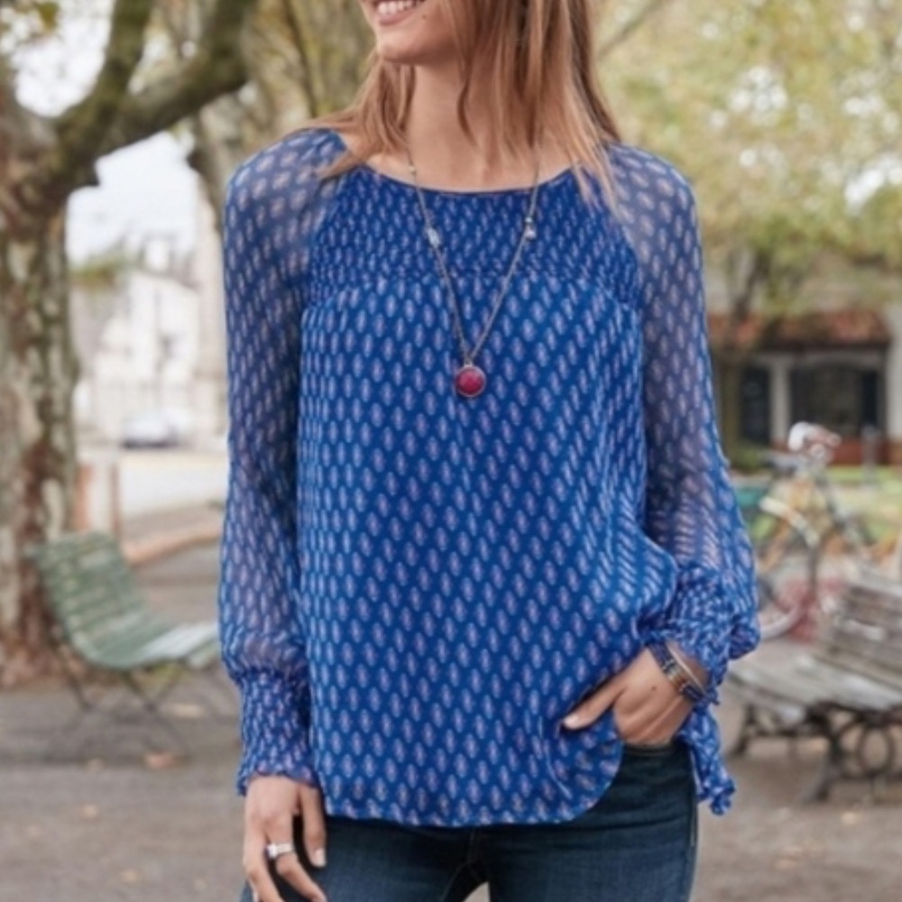 Sundance Exotic Beauty Royal Blue Sheer Long Sleeve Boho Blouse Smocked Top XL